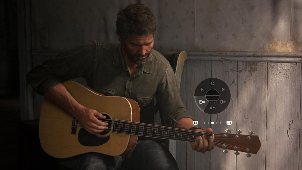 In-game scene from The Last of Us Part II Remastered PS5 showing character playing acoustic guitar