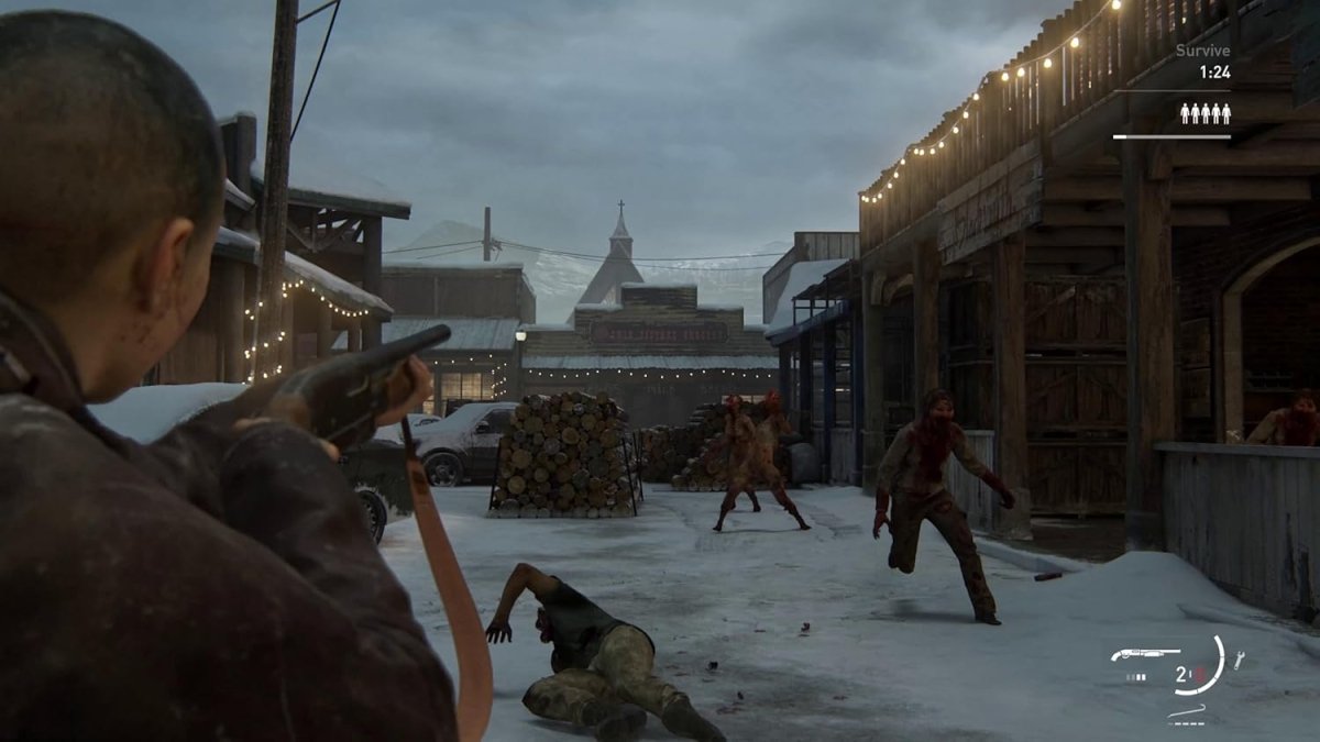 Gameplay scene from The Last of Us Part II Remastered PS5 showing character aiming a gun at infected enemies in a snowy town