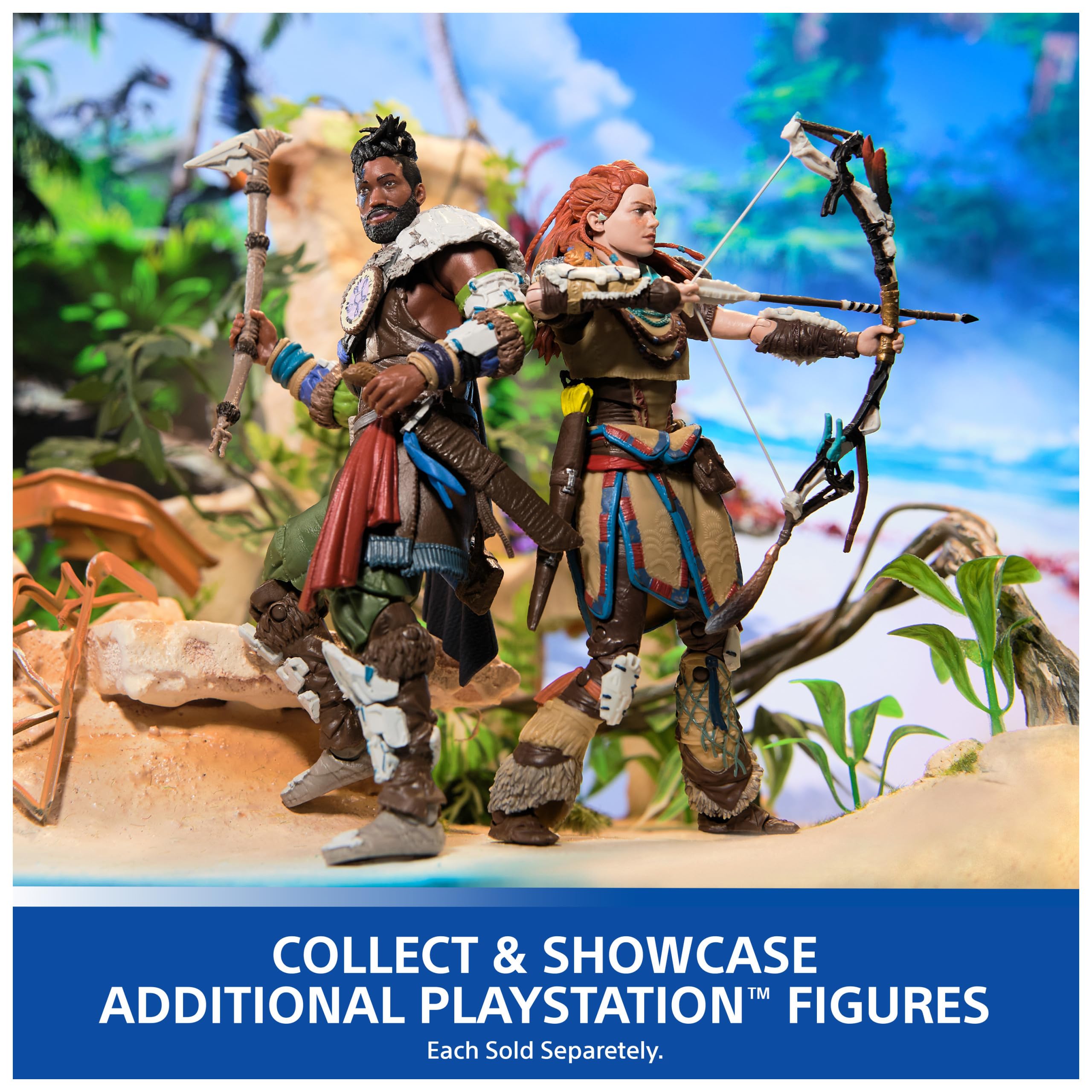 Kratos God of War Ragnarök action figure and companion figure posing with weapons on a detailed outdoor diorama background