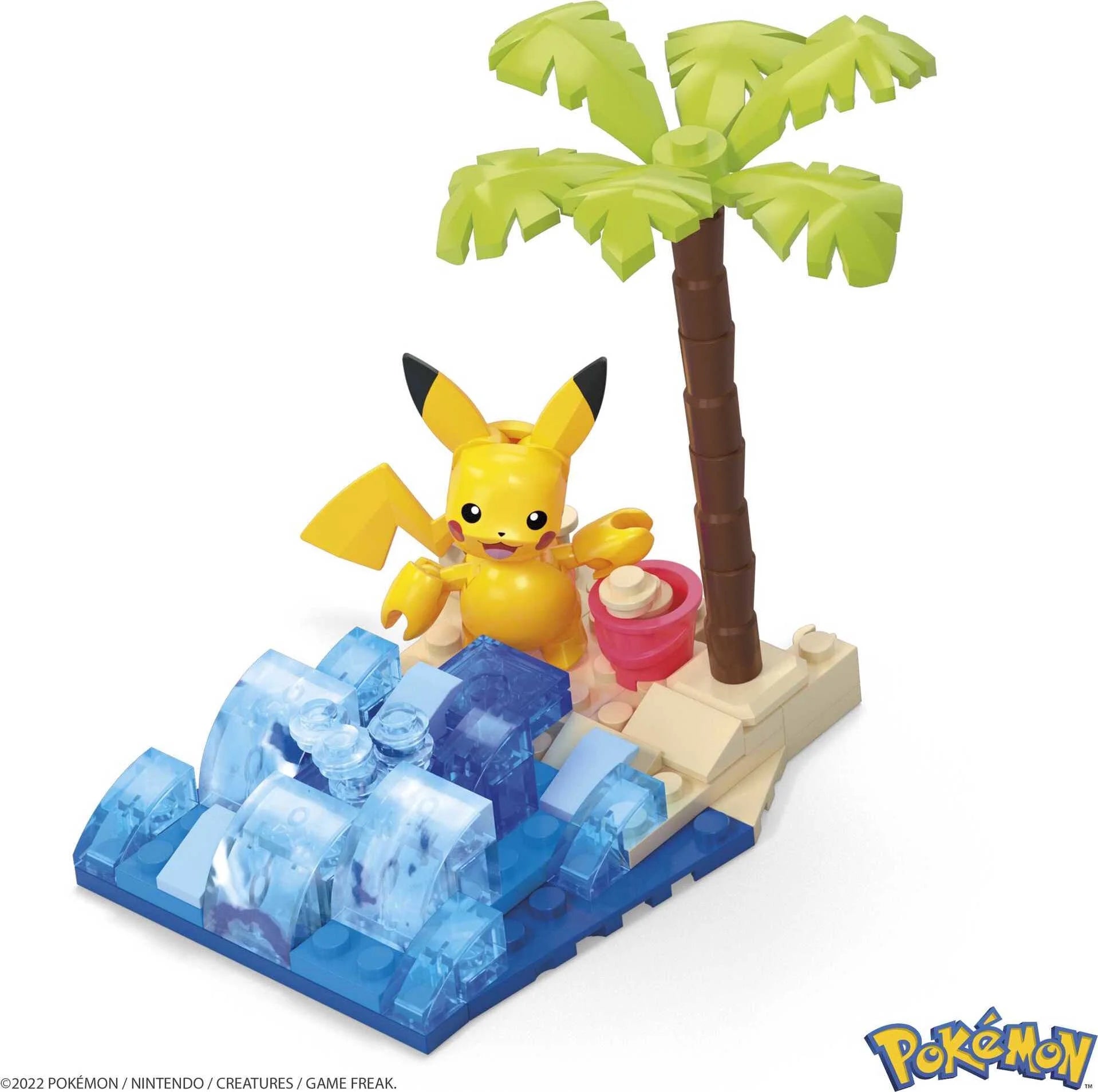 Pokemon building toy kit featuring Pikachu with a palm tree and blue water wave pieces