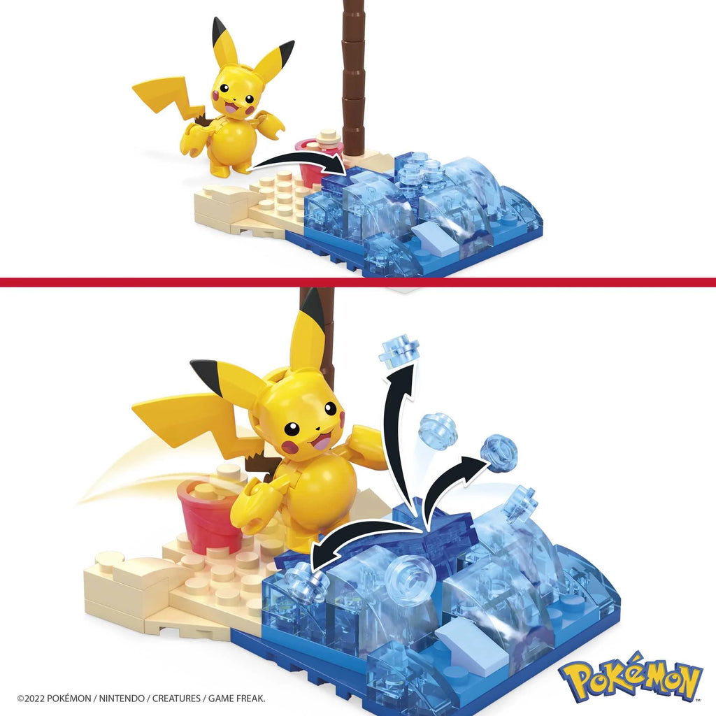 Pokemon building toy kit featuring Pikachu figure with interactive water splash effects on sandy base