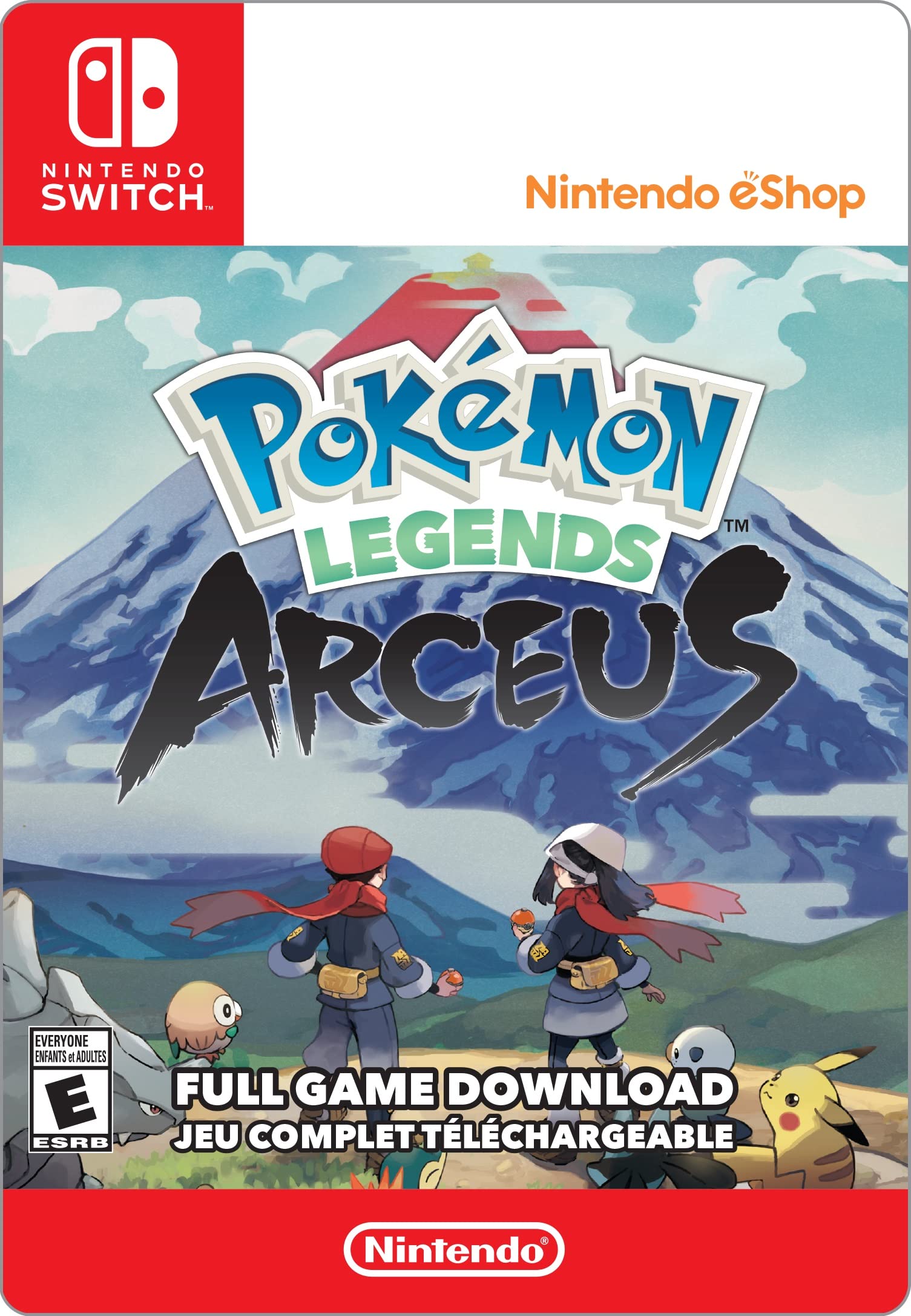 Pokémon Legends Arceus Nintendo Switch full game download cover with characters and Pikachu in front of a mountain