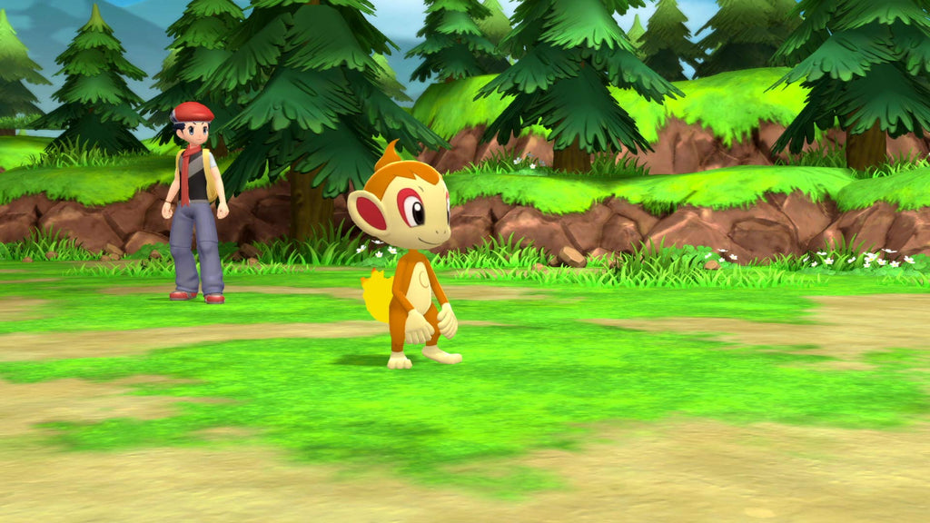 Gameplay scene from Pokémon Legends Arceus Nintendo Switch featuring a trainer and the Pokémon Chimchar in a forest setting