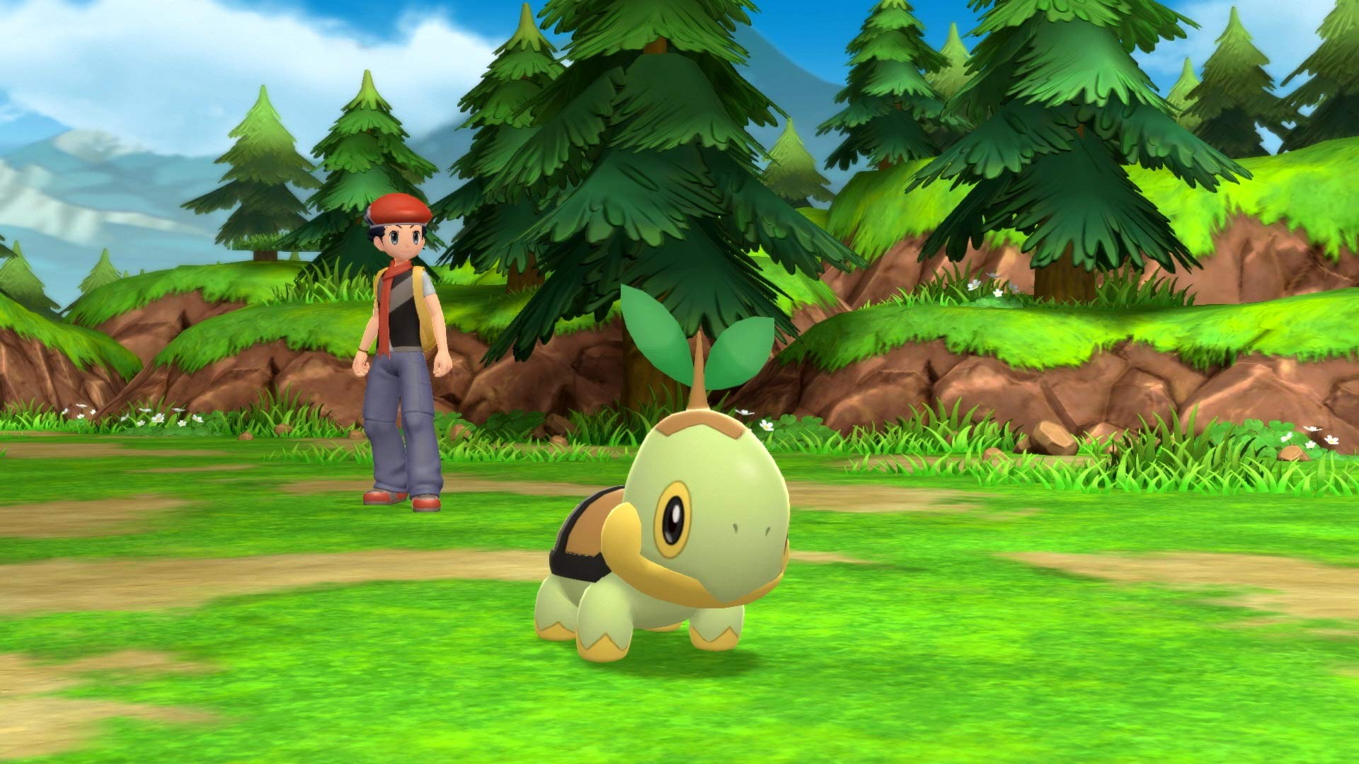 Turtwig Pokémon character and trainer in a grassy outdoor setting from Pokémon Legends Arceus Nintendo Switch game