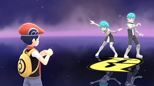 Gameplay scene from Pokémon Legends Arceus Nintendo Switch showing a trainer facing two opponents with teal hair
