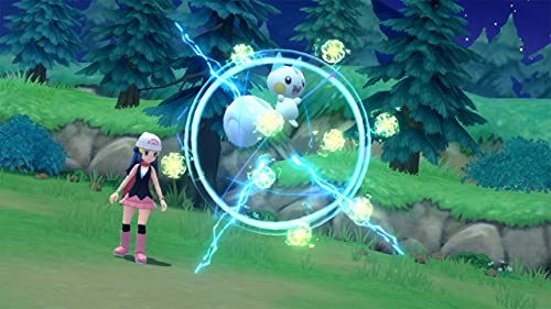 Gameplay scene from Pokémon Legends Arceus Nintendo Switch featuring a character and a glowing Oshawott attack