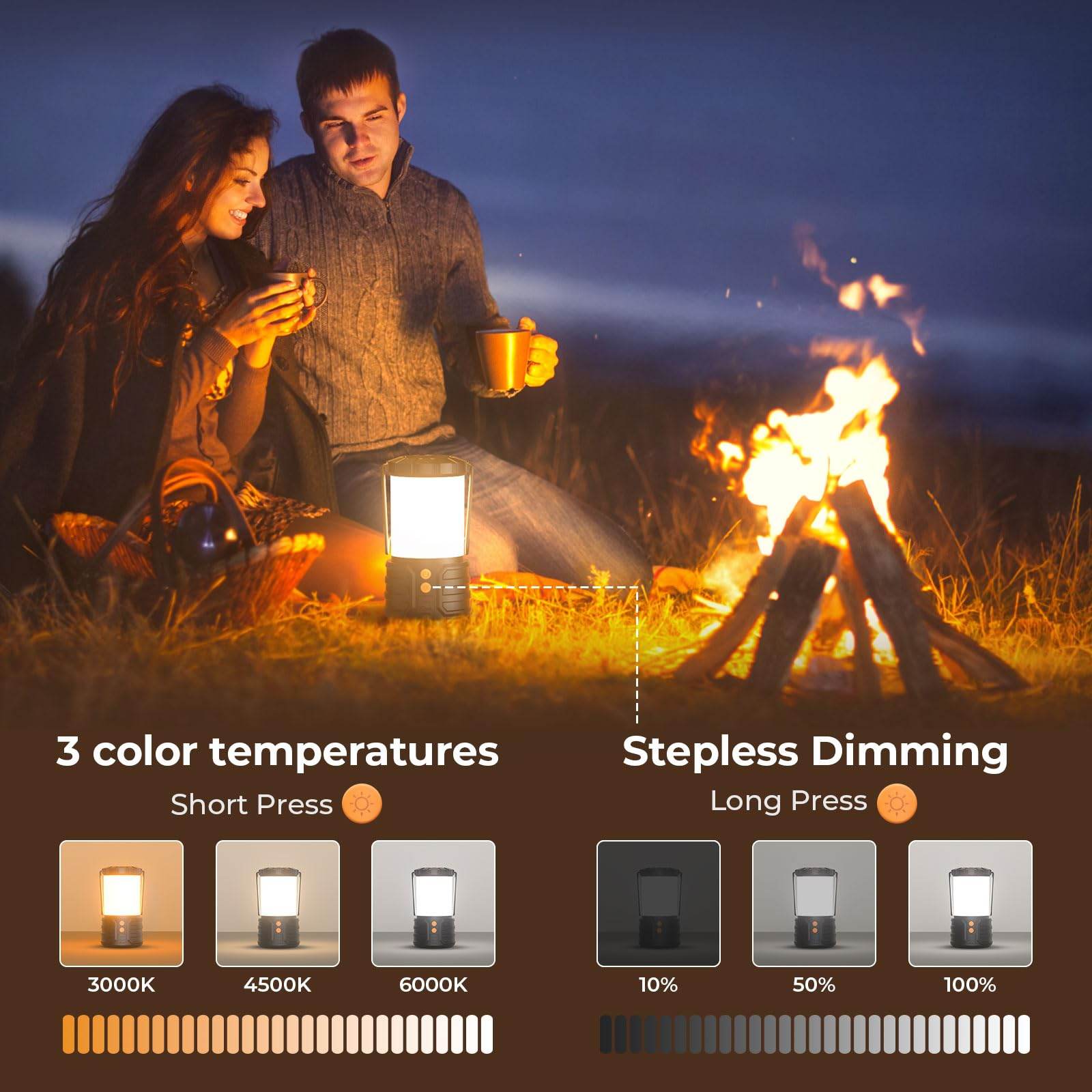 Craques rechargeable camping lanterns with 3 color temperatures and stepless dimming for outdoor use