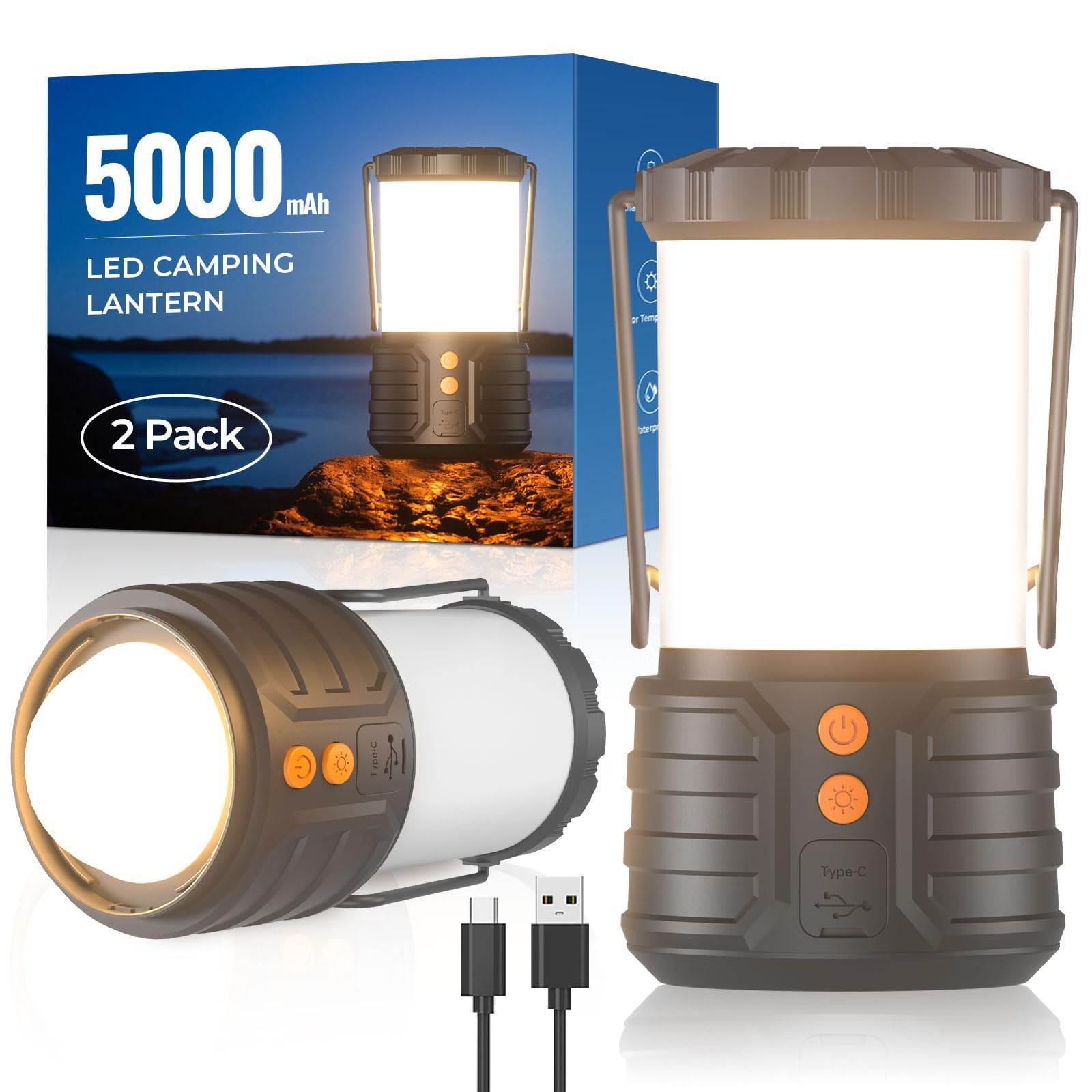 Craques rechargeable camping lanterns 2 pack with 5000mAh battery and USB Type-C charging cables