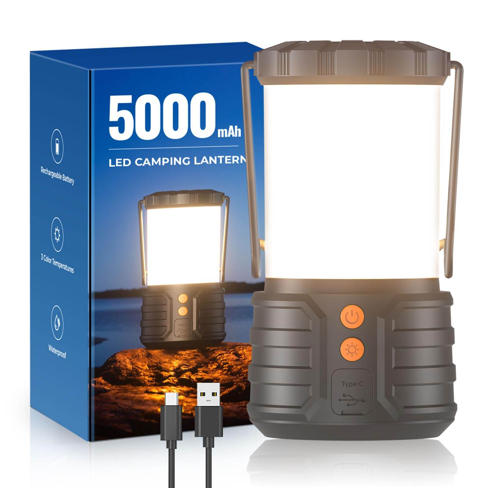 Craques rechargeable camping lanterns with 5000mAh battery LED light and USB Type-C charging cable