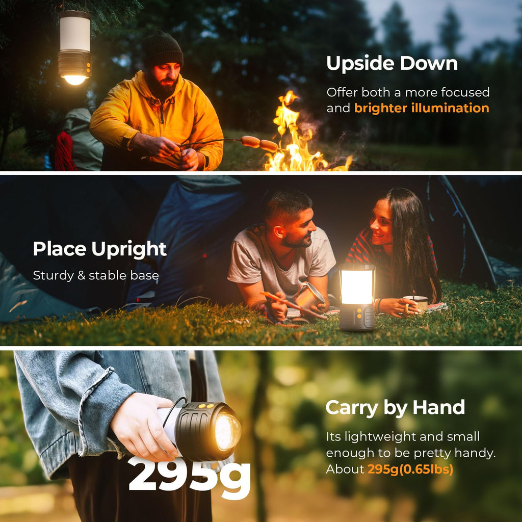 Craques rechargeable camping lanterns featuring upside down and upright use with lightweight 295g design for easy carrying