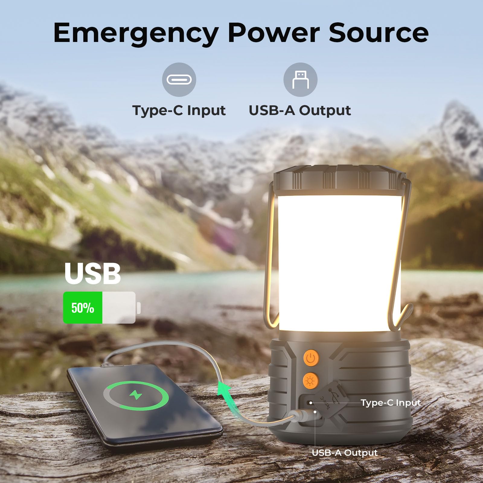 Craques rechargeable camping lanterns with Type-C input and USB-A output shown charging a smartphone outdoors