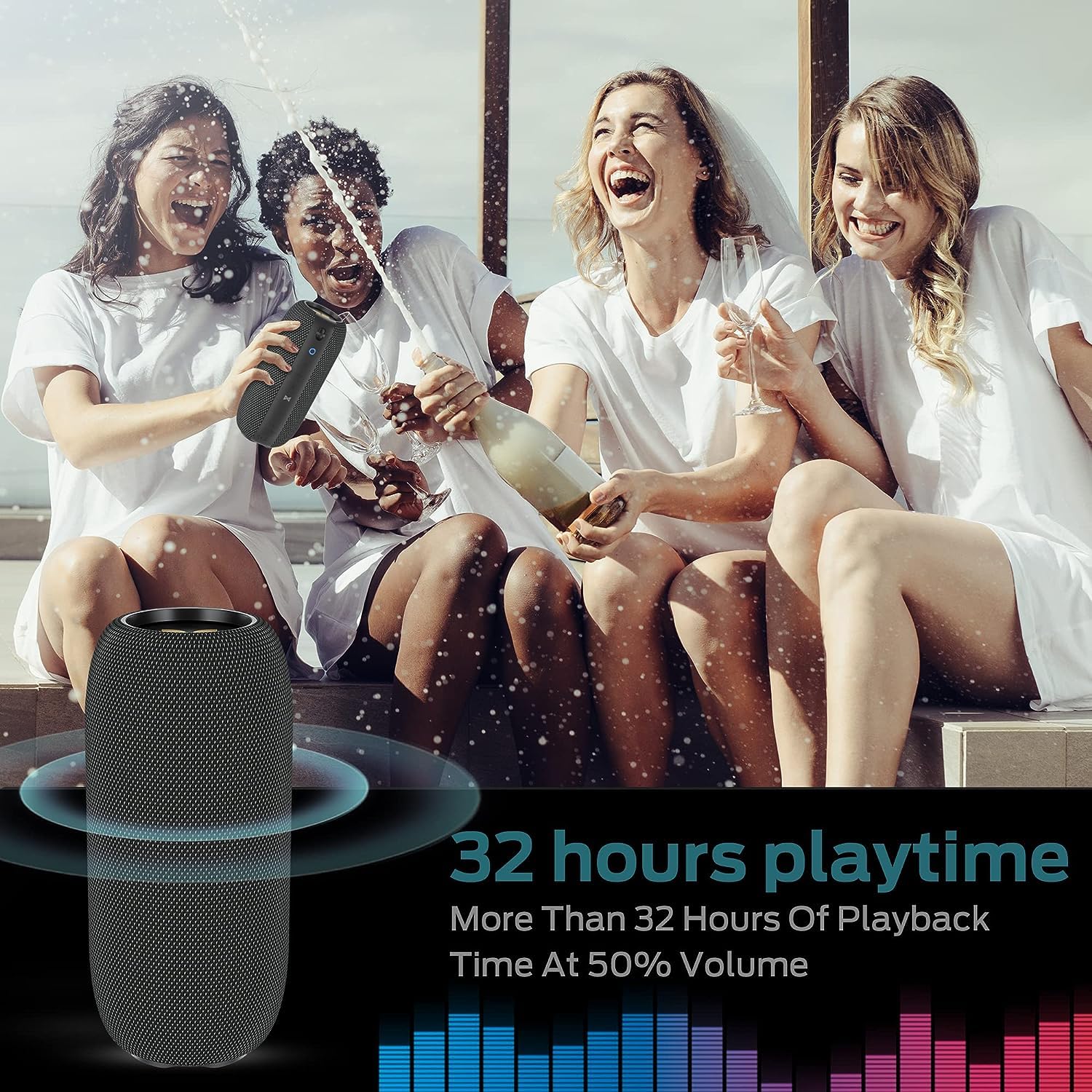 Craques portable bluetooth speaker 40W with 32 hours playtime and modern design shown with friends celebrating
