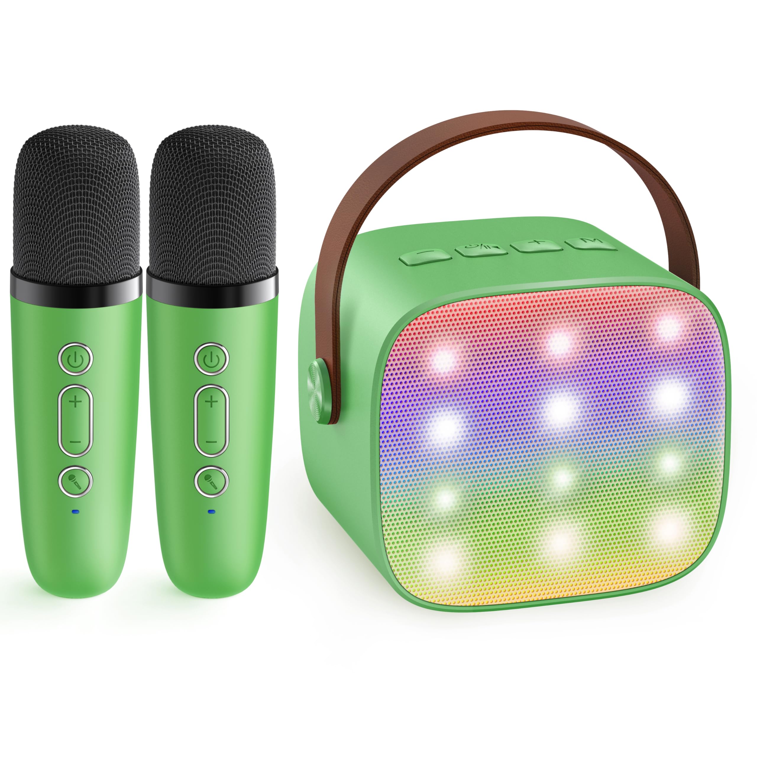 Craques portable karaoke machine for kids in green with two wireless microphones and colorful LED lights