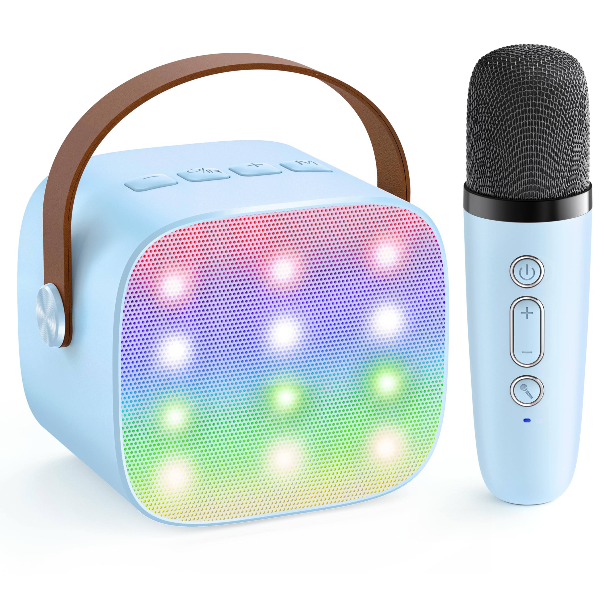 Craques portable karaoke machine for kids in light blue with colorful LED lights and matching microphone