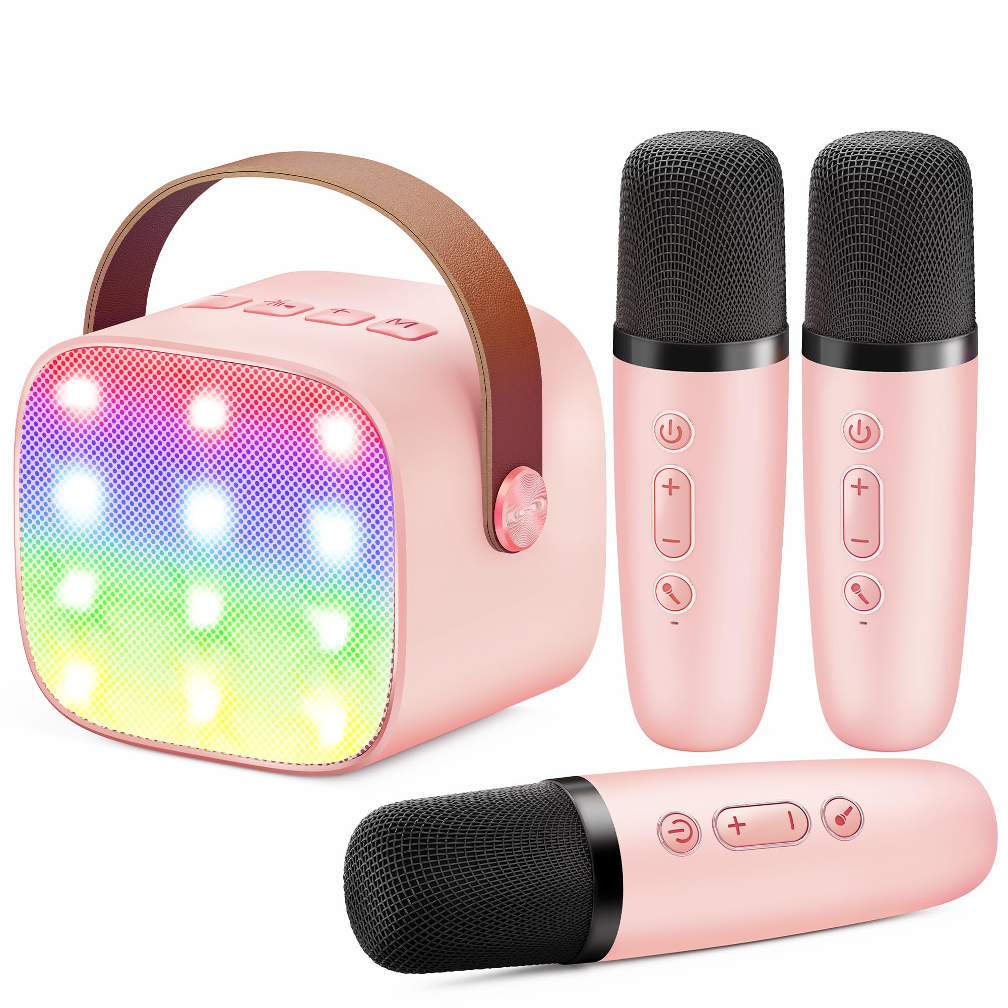 Craques portable karaoke machine for kids in pink with colorful LED lights and three wireless microphones