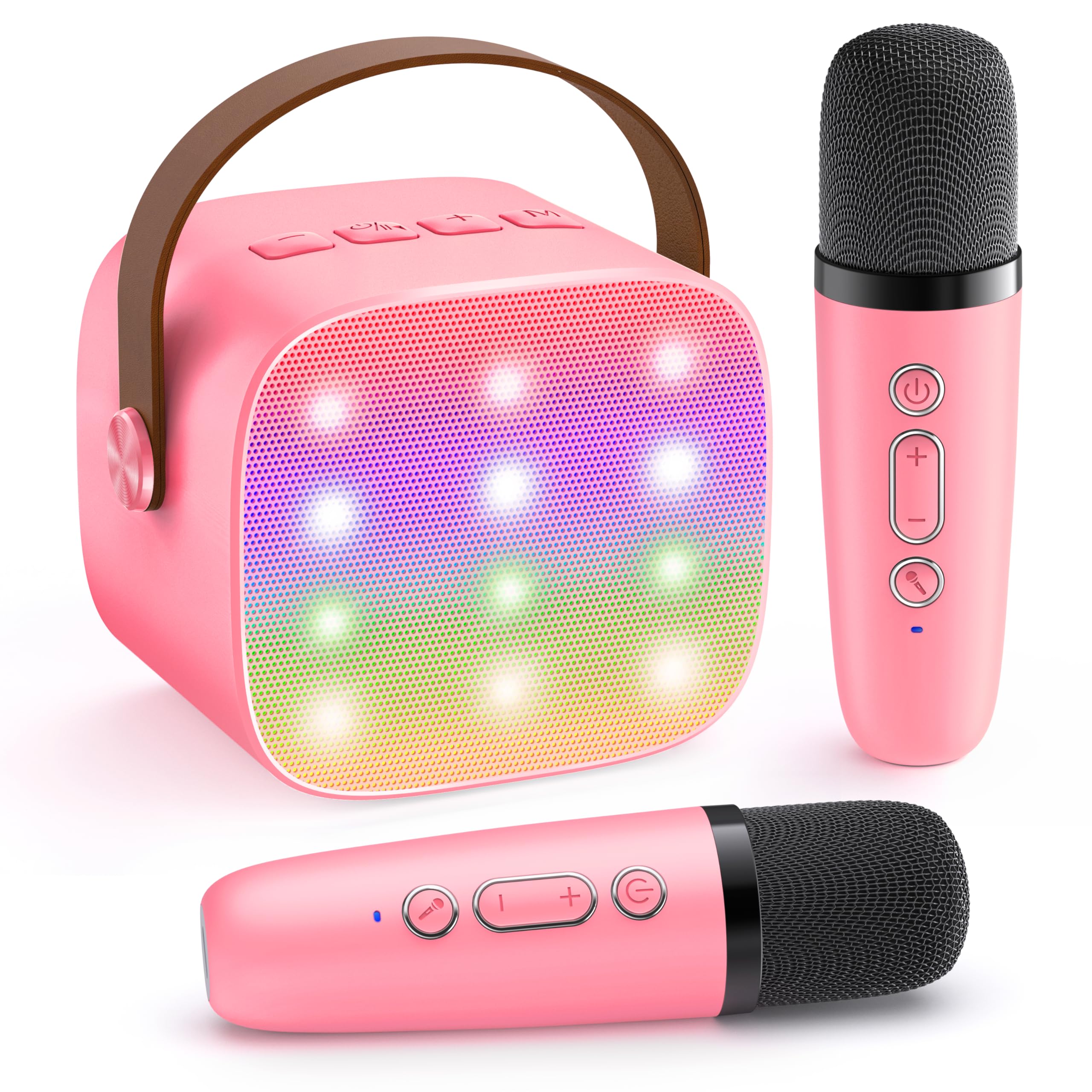 Pink portable karaoke machine for kids with colorful LED lights and two wireless microphones by craques