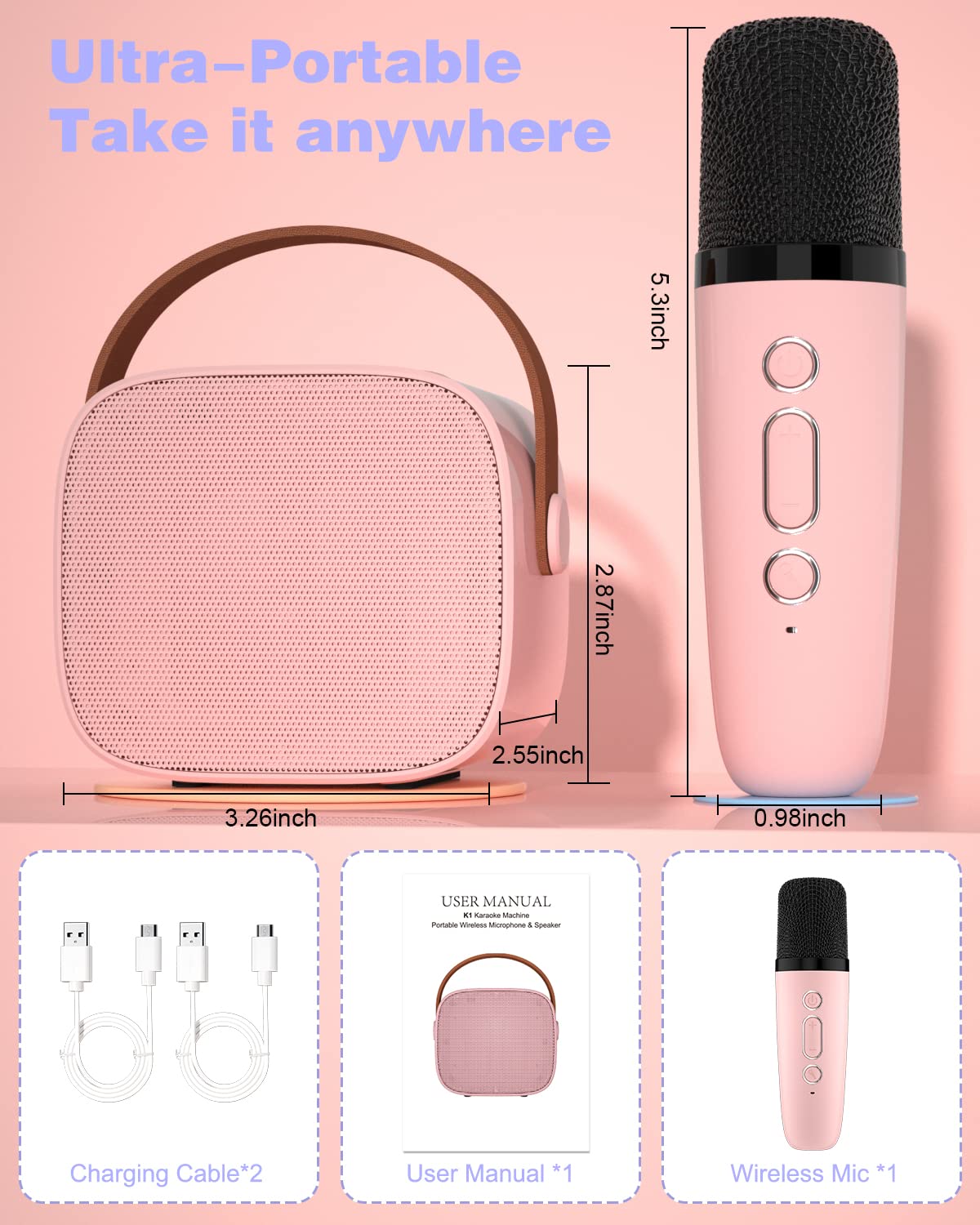 Portable karaoke machine for kids with pink wireless microphone and compact carrying case by craques