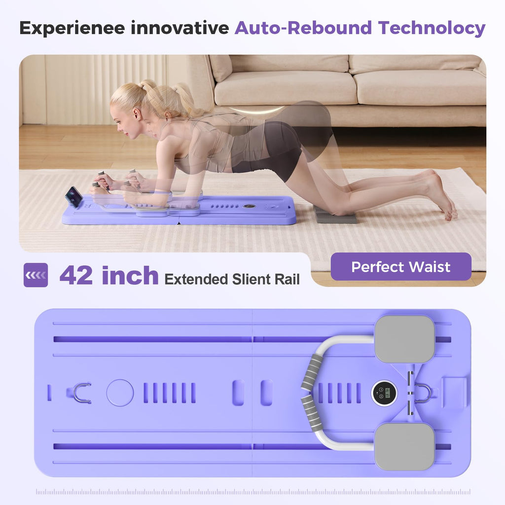 craques portable pilates reformer machine in purple with 42 inch extended silent rail and auto-rebound technology