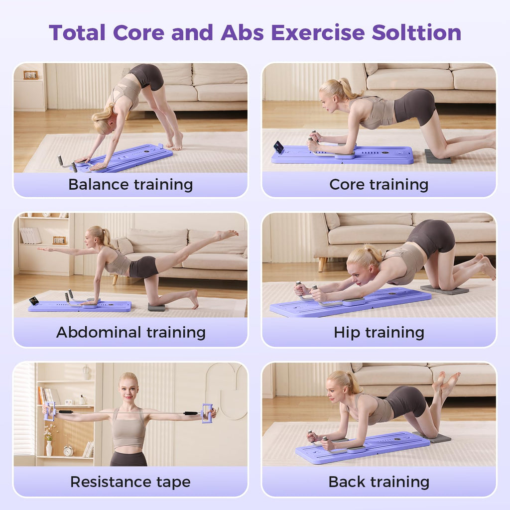 Woman demonstrating exercises on craques portable pilates reformer machine for core and abs training