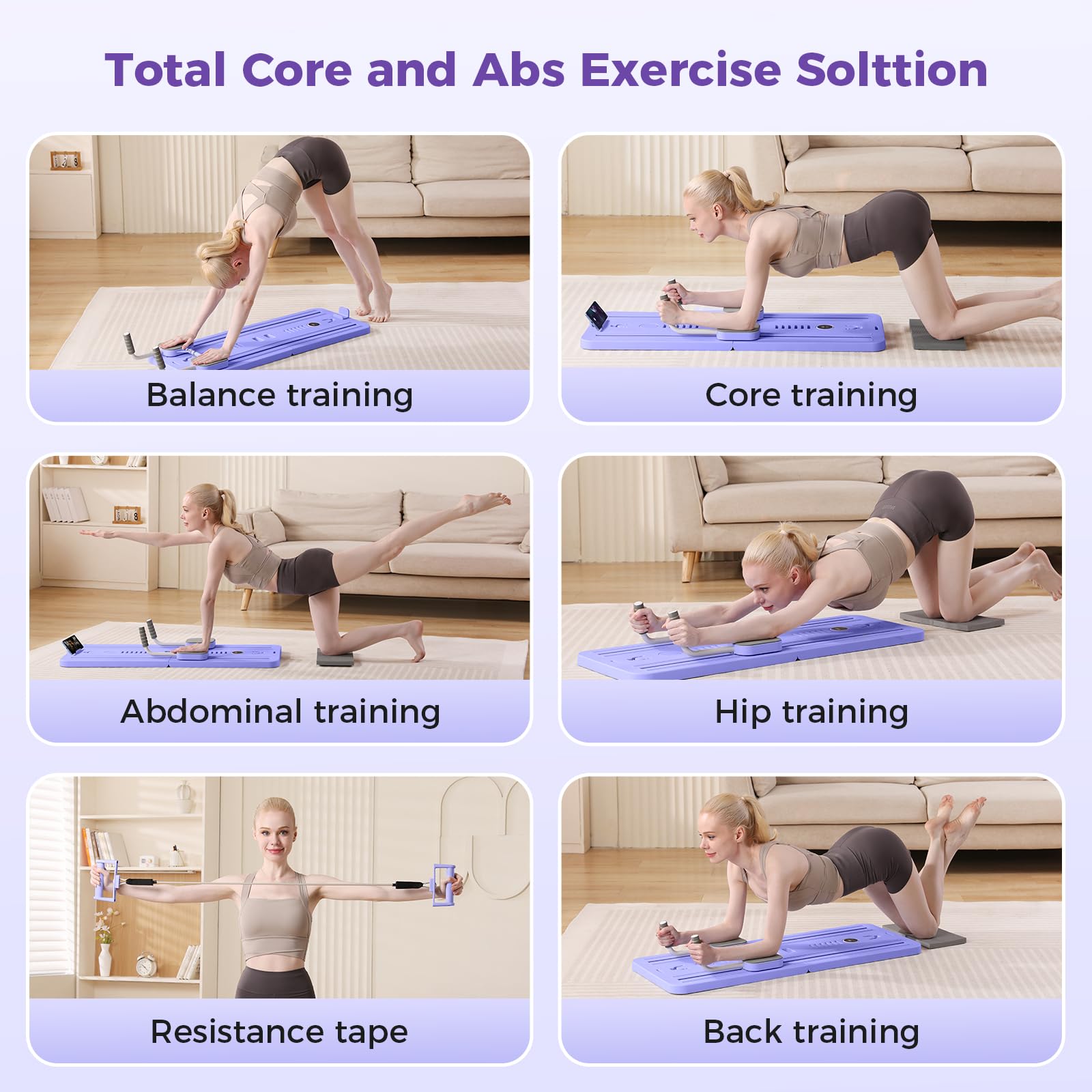 Woman demonstrating exercises on craques portable pilates reformer machine for core and abs training