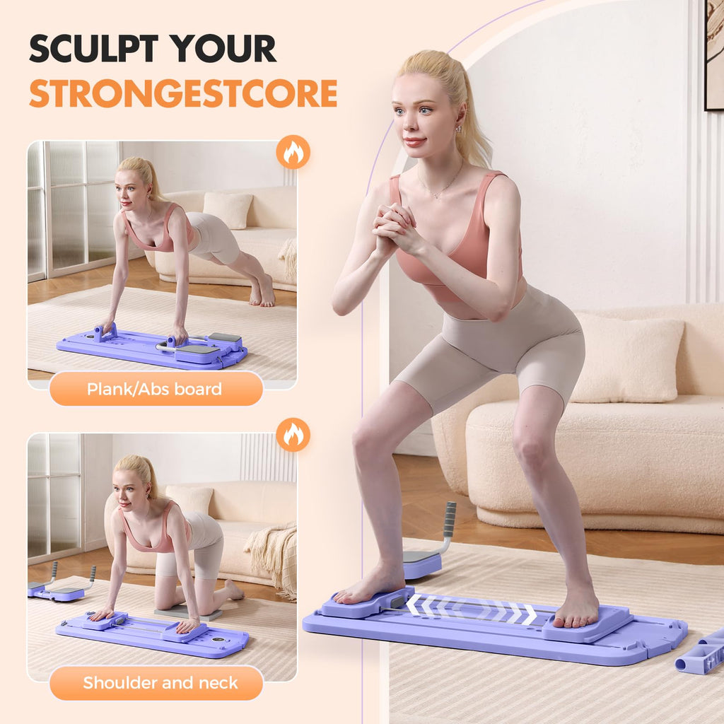 Woman exercising on a portable pilates reformer machine by craques for core strengthening and shoulder workouts