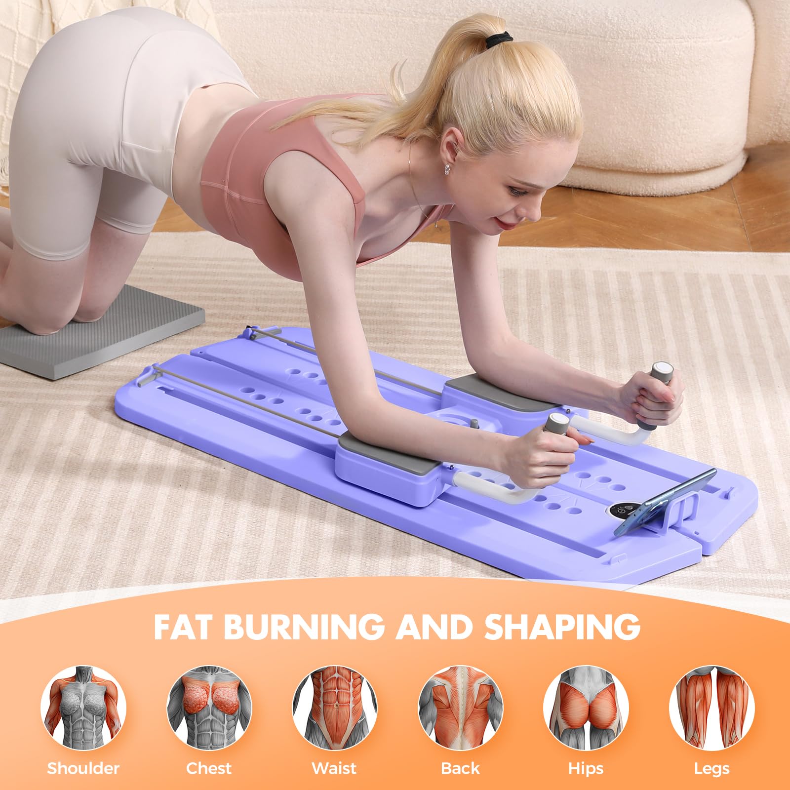 Woman using a craques portable pilates reformer machine on floor for fat burning and shaping