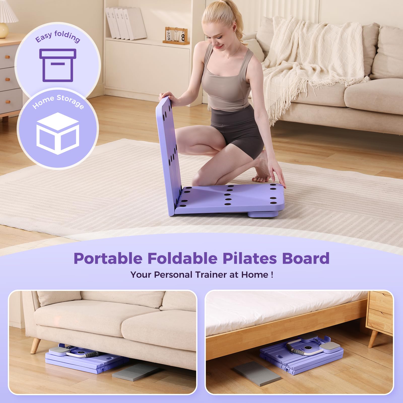 Craques portable pilates reformer machine in purple showing easy folding and home storage features