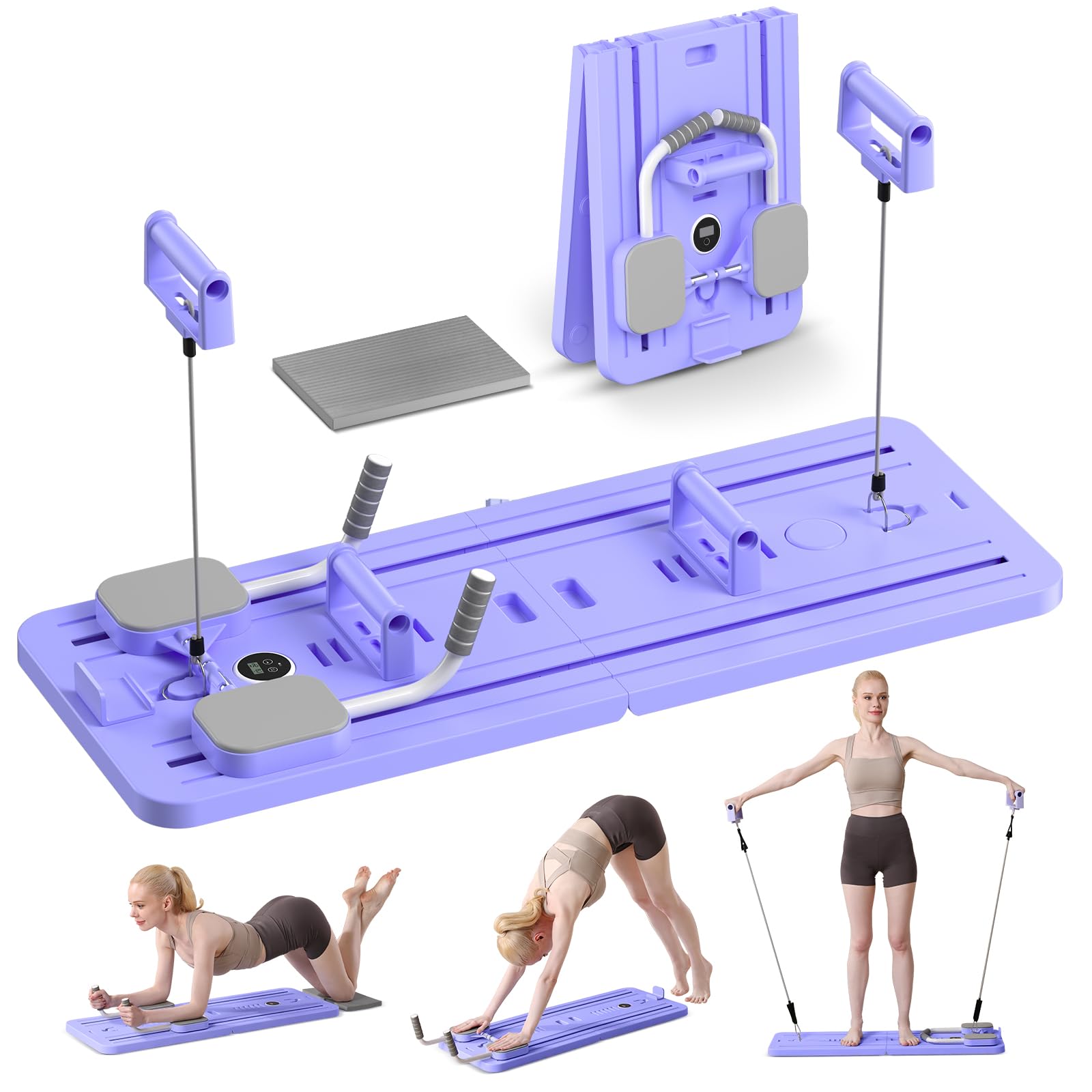 Craques portable pilates reformer machine in purple with foldable design and resistance bands for full body workouts