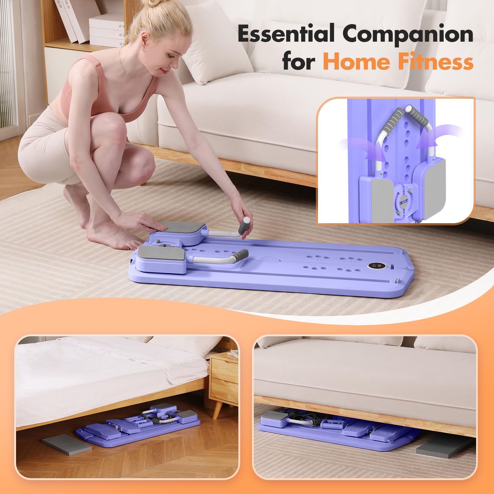 Portable pilates reformer machine by craques shown folded and stored under bed and sofa for easy home fitness