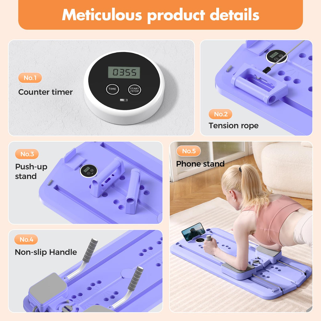 Portable pilates reformer machine by Craques showing counter timer tension rope push-up stand phone stand and non-slip handle