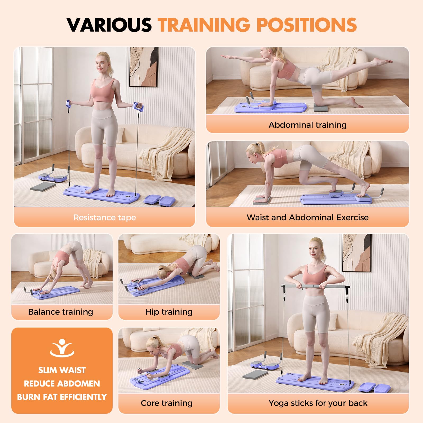 Woman demonstrating various training positions using the portable pilates reformer machine for full body workouts