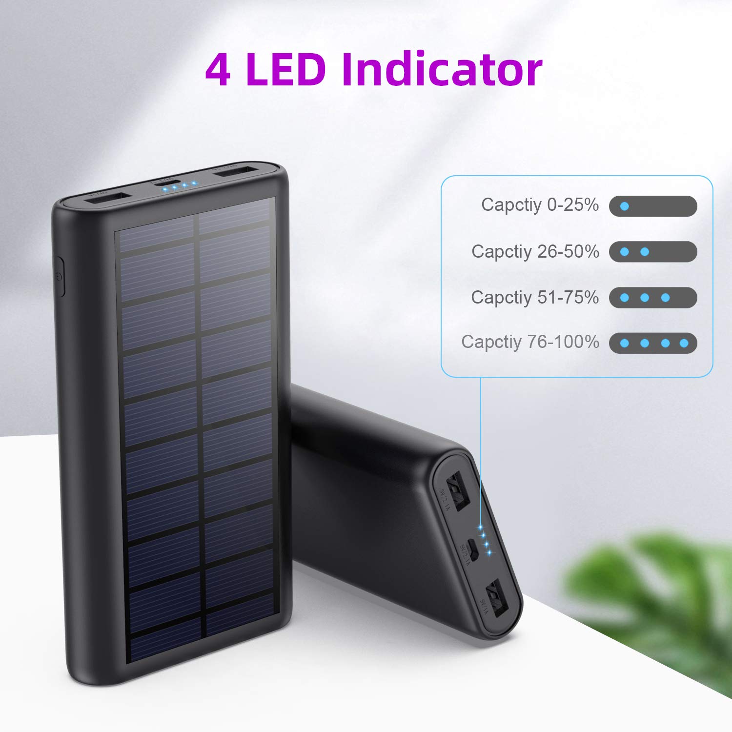 Craques portable solar charger power bank with 4 LED indicator lights showing battery capacity levels