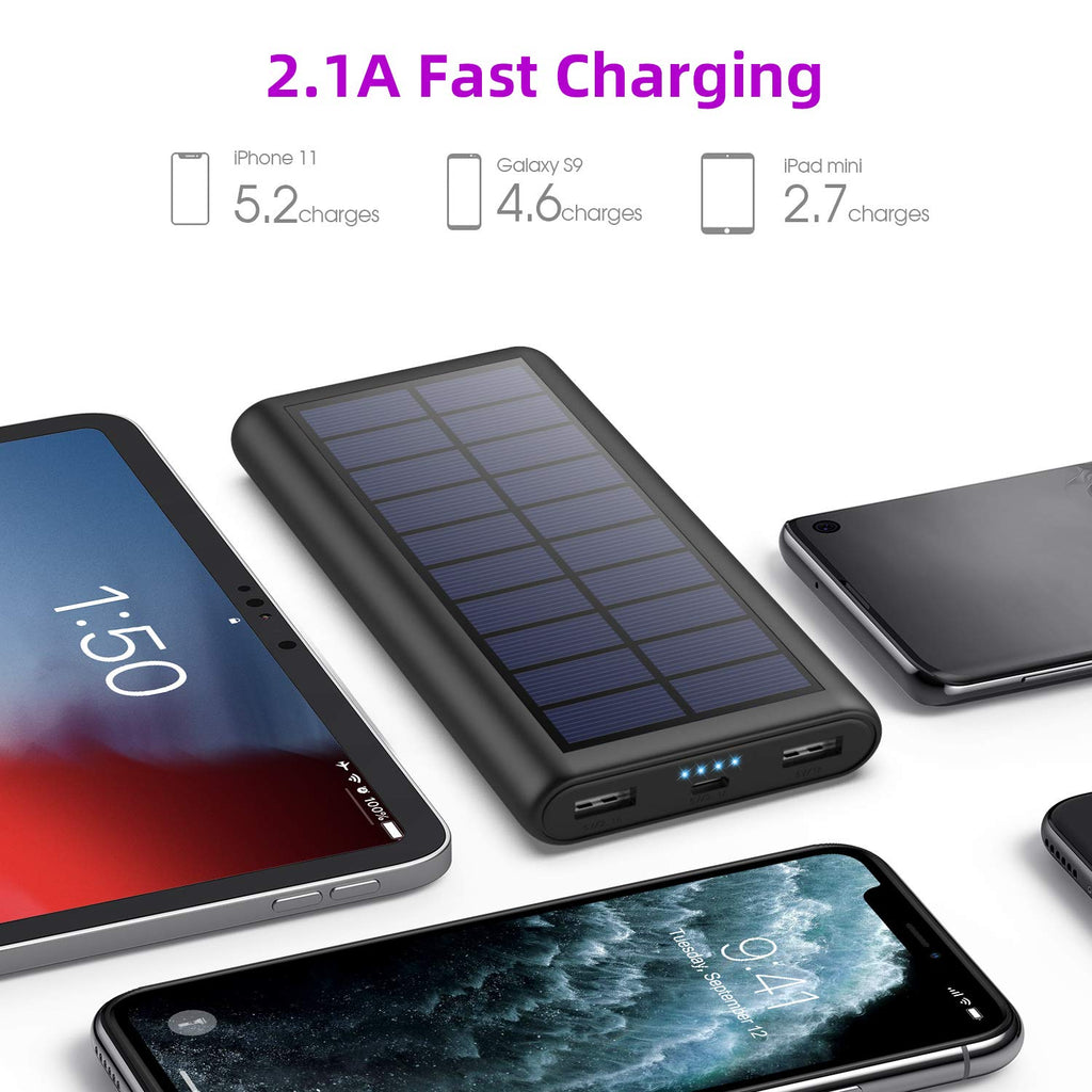 Craques portable solar charger power bank in black with dual USB ports charging multiple devices
