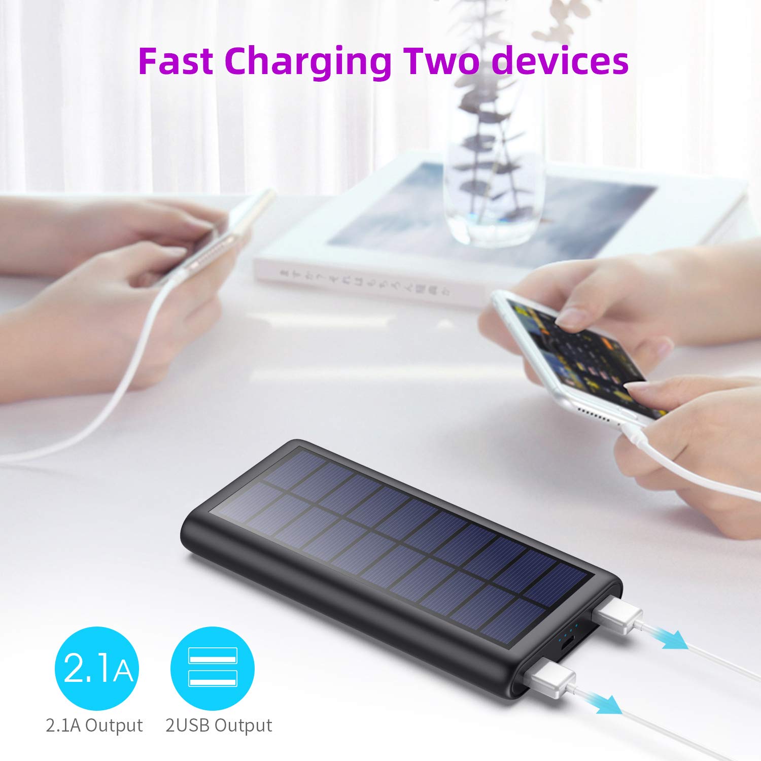 Craques portable solar charger power bank charging two smartphones simultaneously with 2.1A and 2 USB output