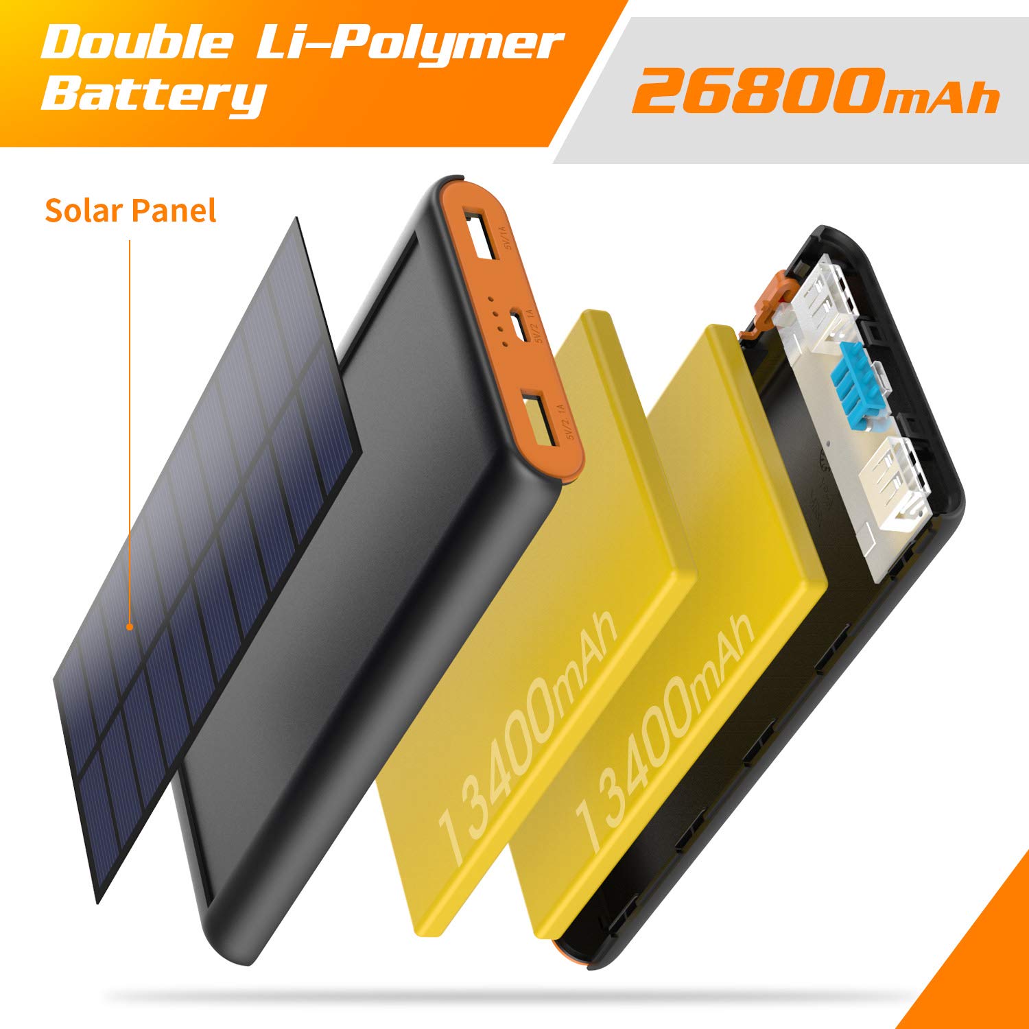 Craques portable solar charger power bank with double Li-Polymer 26800mAh battery and solar panel