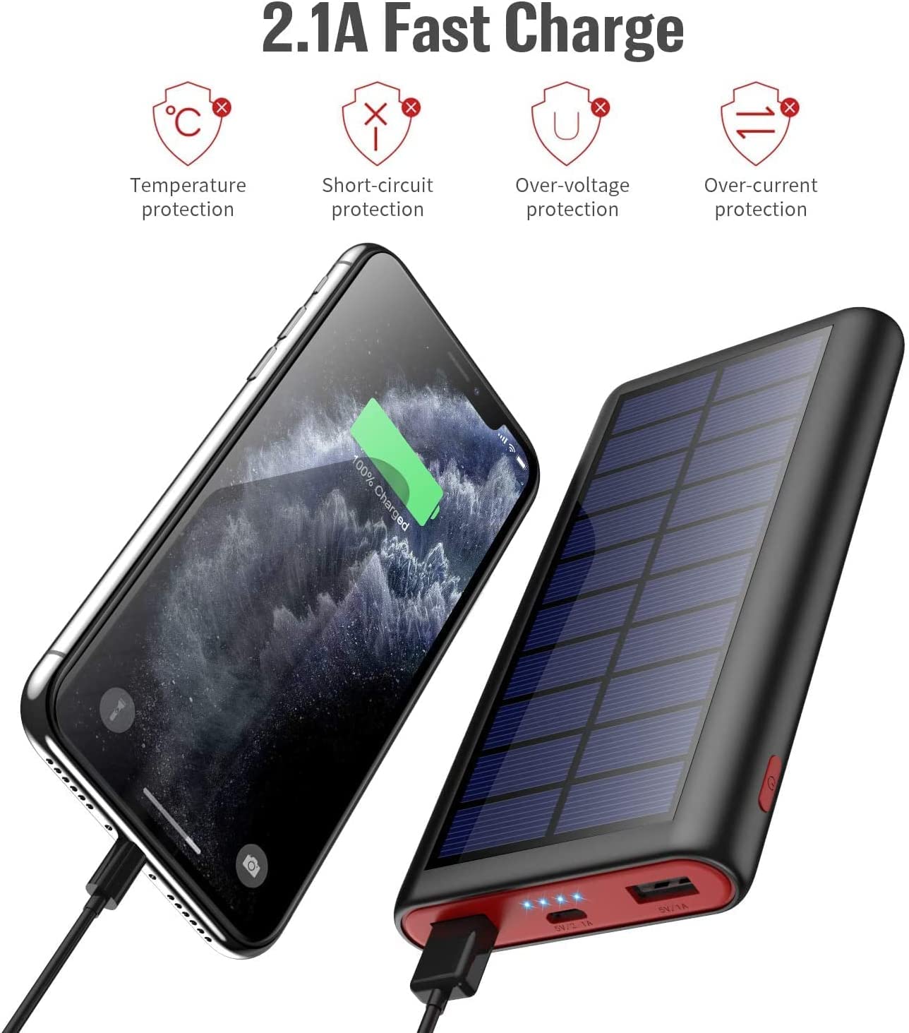 Craques portable solar charger power bank with 2.1A fast charge and multiple safety protections charging a smartphone