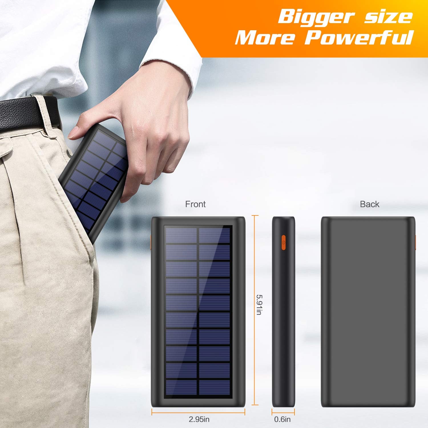 Craques portable solar charger power bank showing front, side, and back views with person placing it in pocket