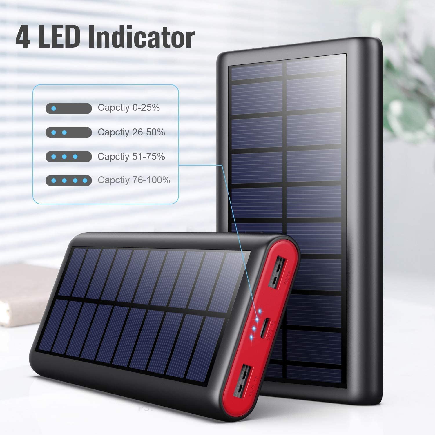 Portable solar charger power bank with dual USB ports and 4 LED indicator lights by Craques
