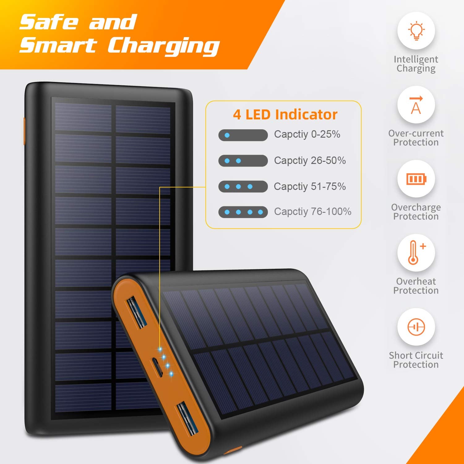 Craques portable solar charger power bank with 4 LED indicators and multiple protection features