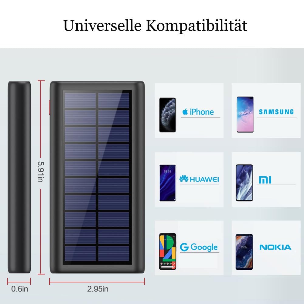 Craques portable solar charger power bank with dimensions and universal compatibility with iPhone Samsung Huawei Xiaomi Google and Nokia phones