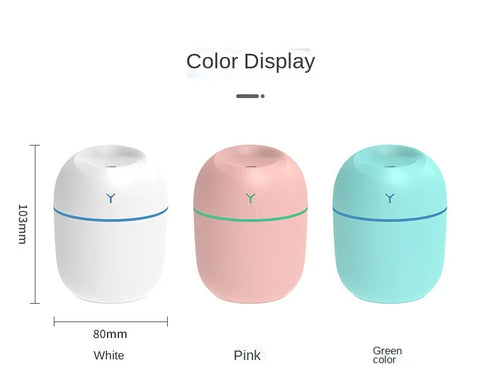 Three portable ultrasonic humidifiers in white, pink, and green with compact designs for enhanced air moisture