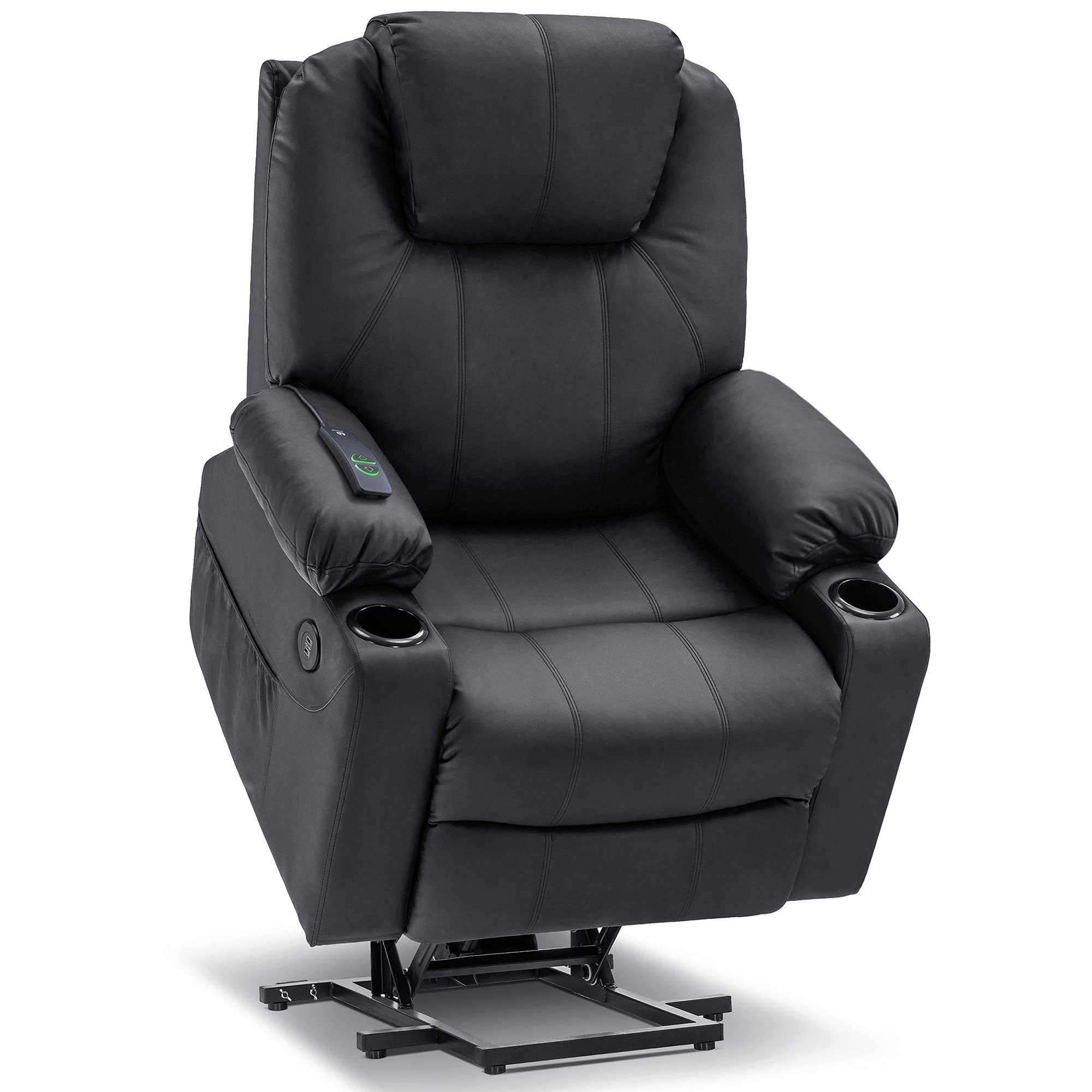 Craques black leather power lift recliner with massage and heat featuring cup holders and remote control