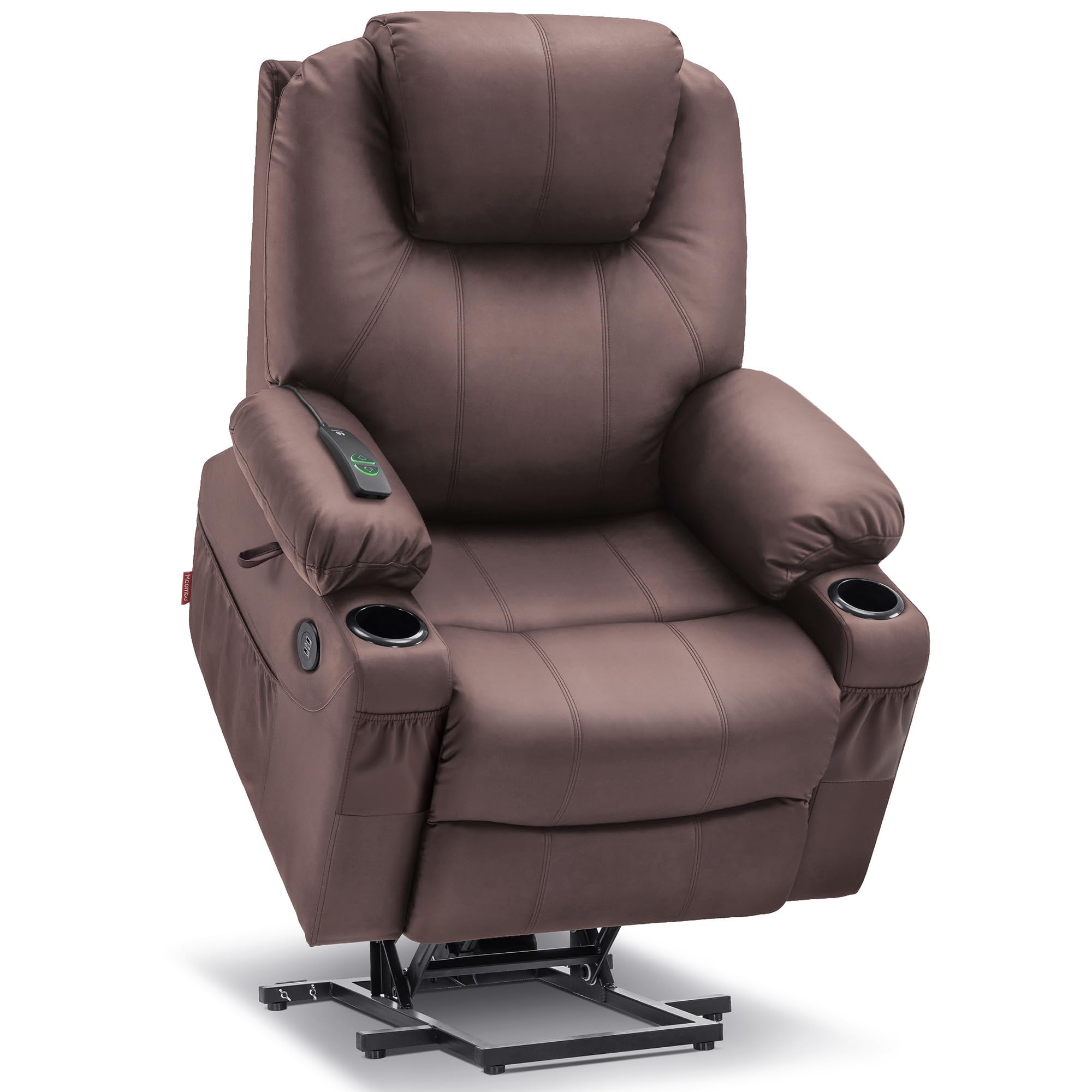 Craques brown power lift recliner with massage and heat featuring cup holders and remote control