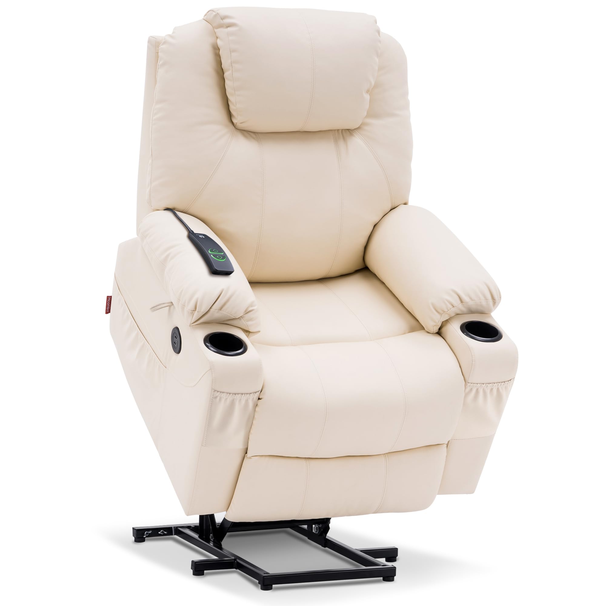 Craques beige power lift recliner with massage and heat featuring padded armrests and remote control