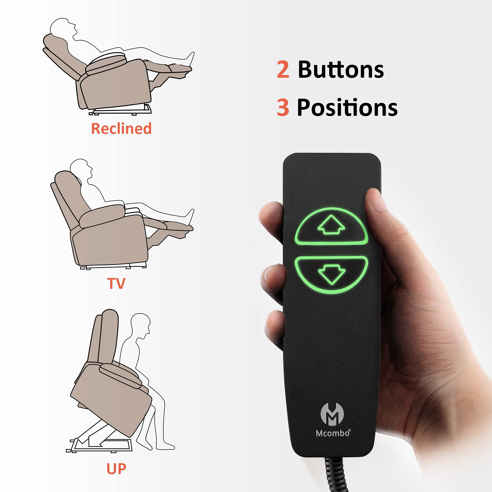 Craques power lift recliner with massage and heat remote control showing 2 buttons and 3 positions