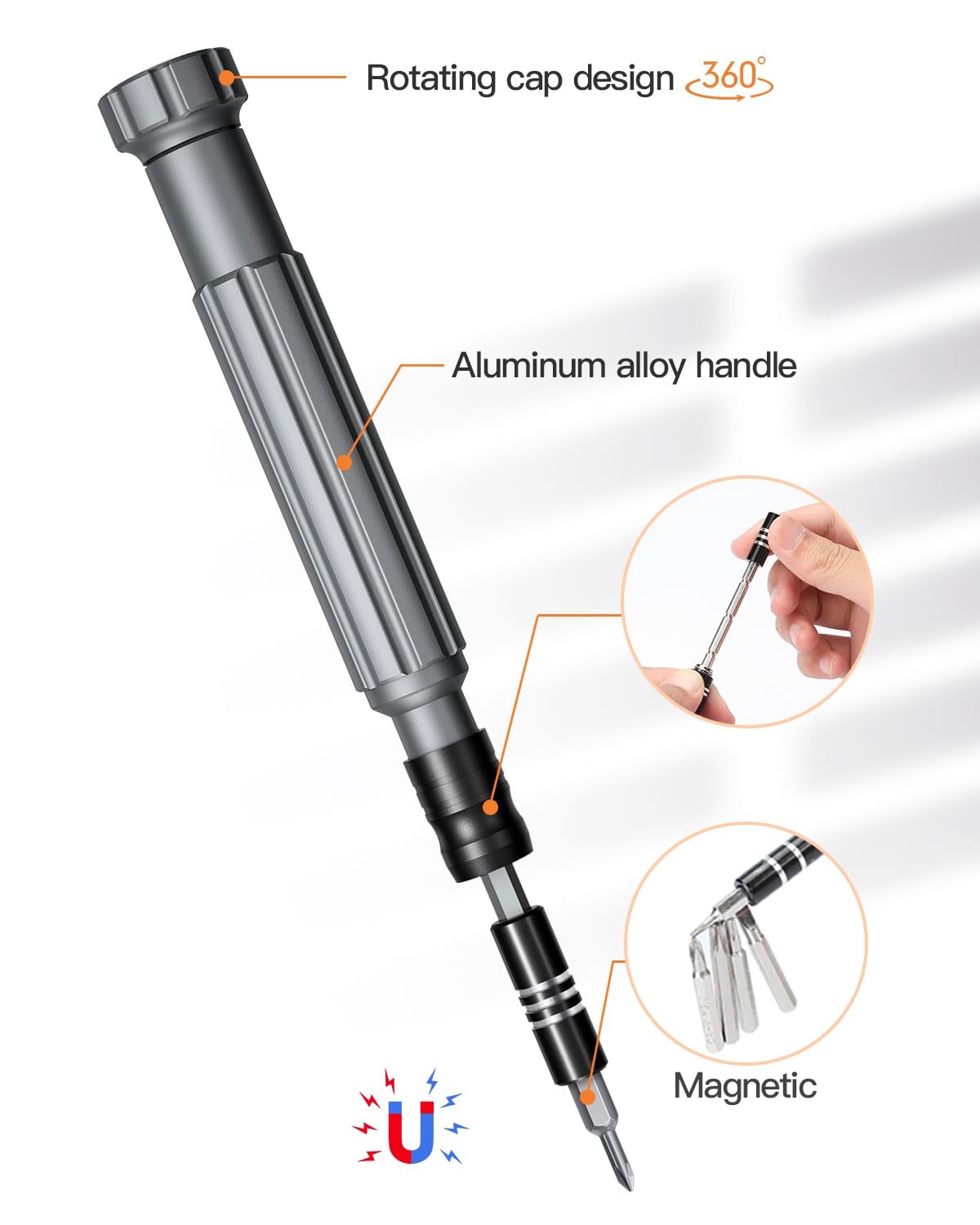 Craques precision screwdriver set with aluminum alloy handle rotating cap and magnetic tip