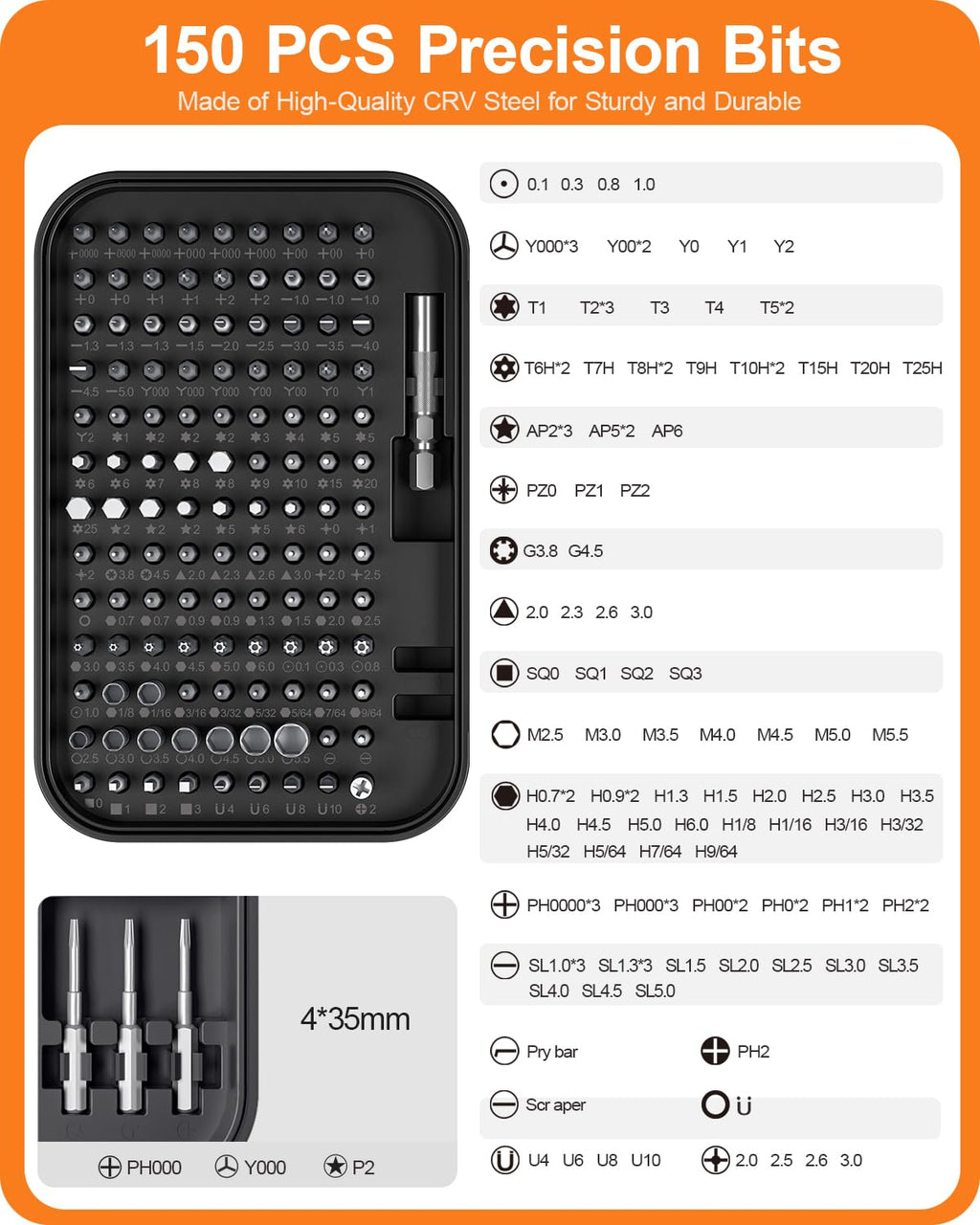 Craques precision screwdriver set with 150 high-quality CRV steel precision bits in organized black case