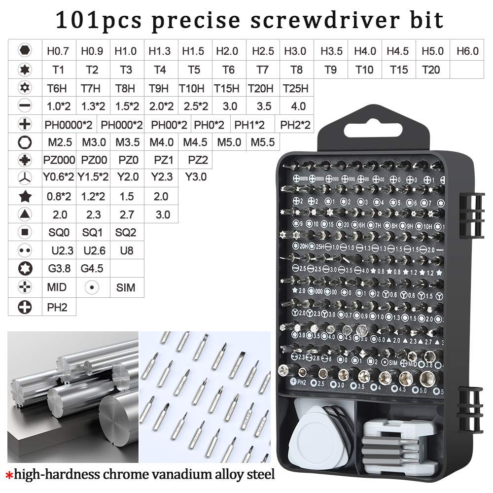 Craques 101-piece precision screwdriver set with high-hardness chrome vanadium alloy steel bits in a black carrying case