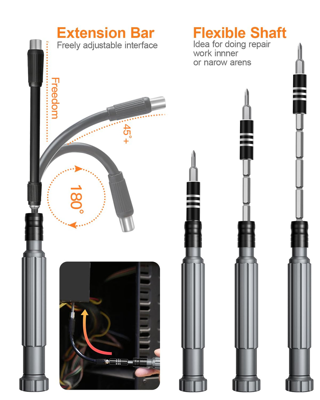 Craques precision screwdriver set with flexible shaft and adjustable extension bar for detailed repair work