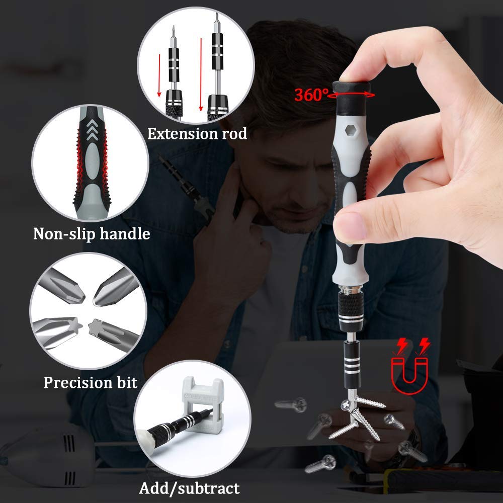Craques precision screwdriver set with non-slip handle, extension rod, precision bits, and magnetic feature